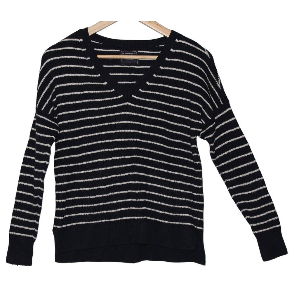 Women's Abercrombie & Fitch Navy Blue White Knit Striped V-Neck Sweater Size XS